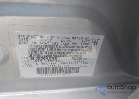 2015 Nissan Versa Note Sv z USA, uszkodzony, nr VIN 3N1CE2CP2FL427827